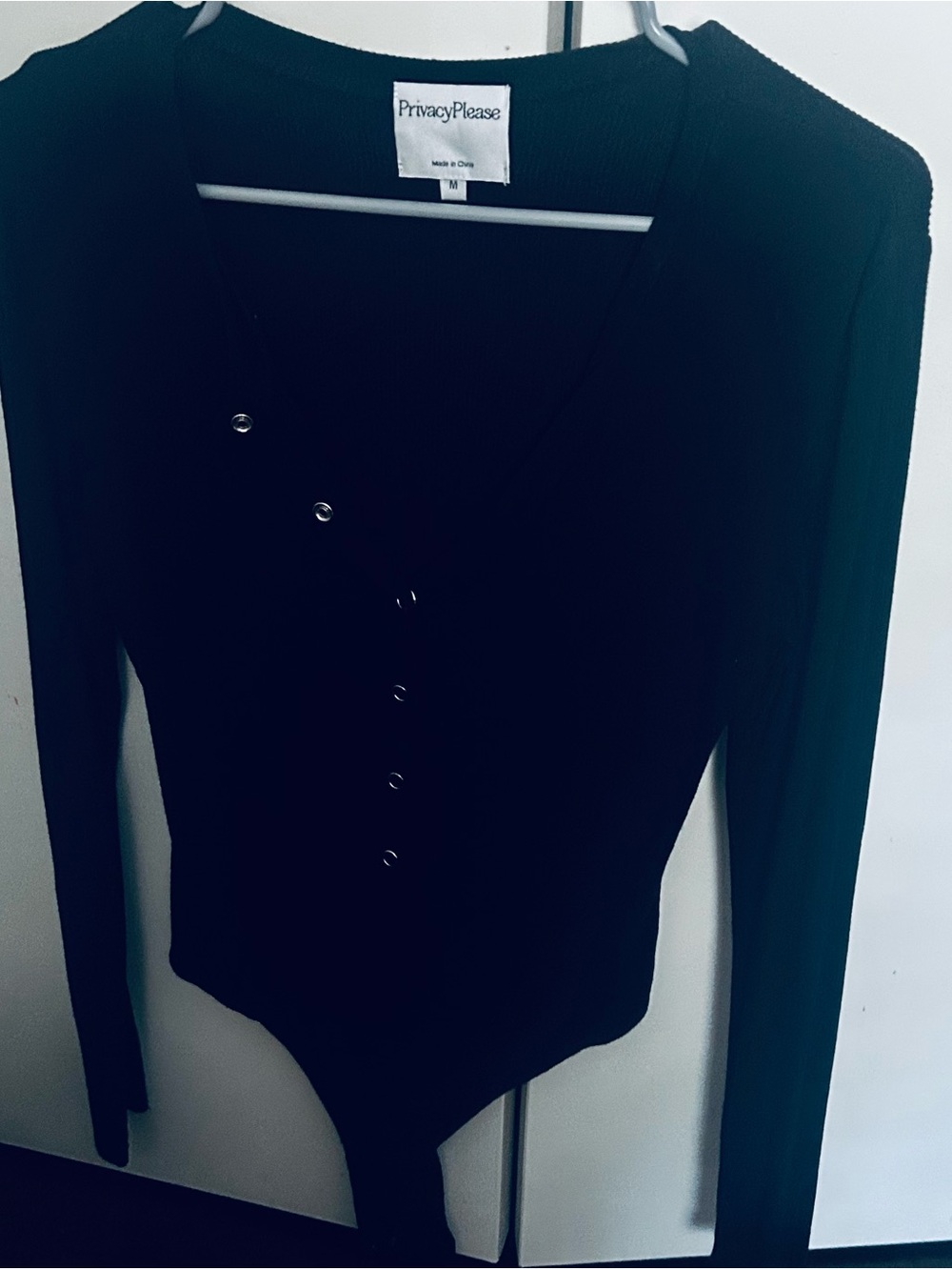 Privacy Please Black V-Neck Long Sleeve Snap-Front Bodysuit